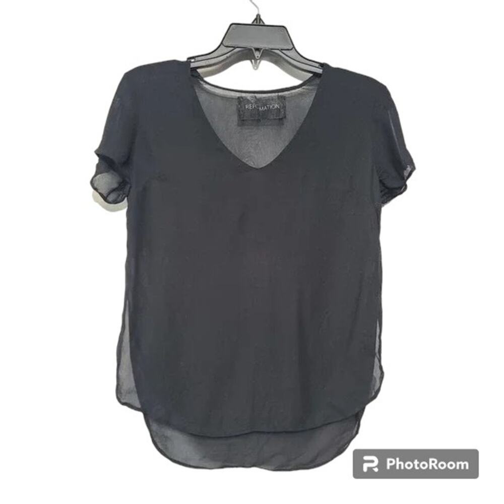 Reformation Sheer Black Scoop V Neck Top XXS Loose Fit